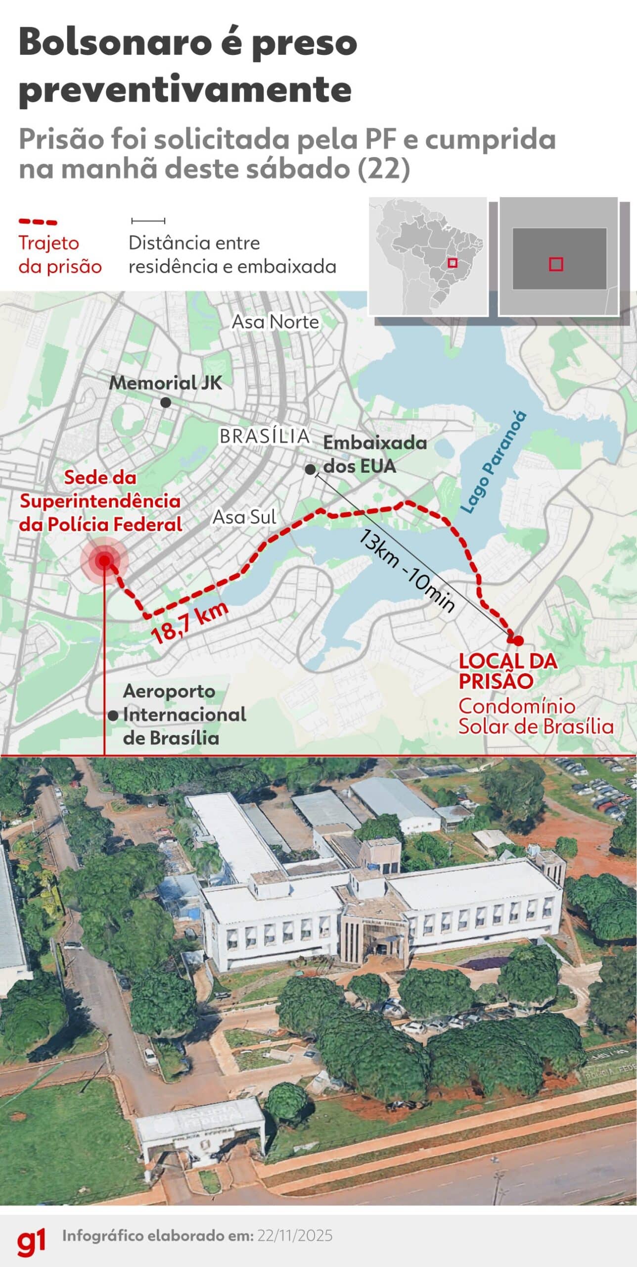 Superintendência da PF em Brasília fica a quase 20 km do condomínio de Bolsonaro; veja mapa